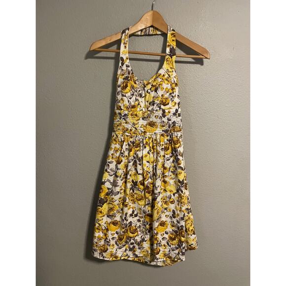 B. Darlin Women Dress Size 7/8 Yellow Floral Halter Pleated Rockabilly Fairy Y2K - Picture 1 of 7
